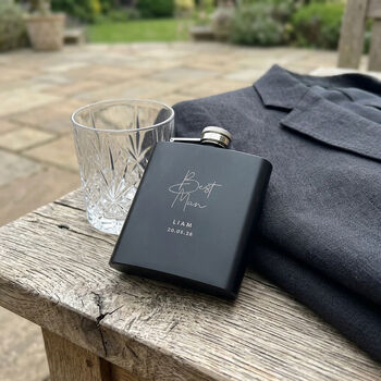 Personalised Script Engraved Black Metal Hip Flask Wedding Party And Father Of The Bride Gift, 4 of 11