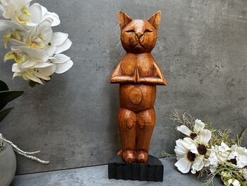 32cm Handcarved Yoga Cat Wooden Ornament Gift Decor, 3 of 12