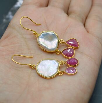 Pearl Ruby Earrings, June, July Birthstone Dangle Drop Gold Earrings, 3 of 8
