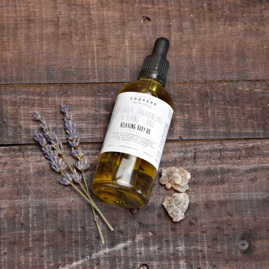 lavender, frankincense and ylang ylang body oil by made by coopers