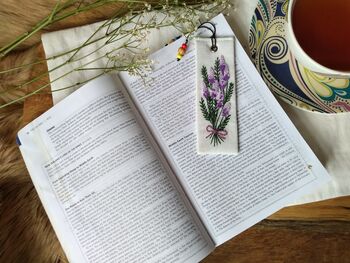 Hand Embroidered Buddleia Flower Linen Bookmark, 7 of 7