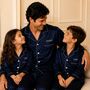 Personalised Matching Navy Luxury Satin Father's Day Pyjamas For Dad And Child, thumbnail 1 of 9