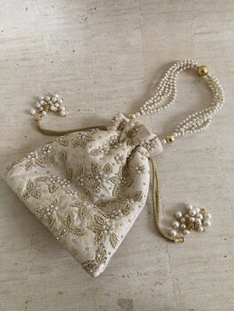 Cream Handcrafted Embroidered Pearl Potli Bag/Wrist Bag, 2 of 10