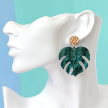 Green Marble And Gold Glitter Monstera Dangle Earrings, 3 of 3