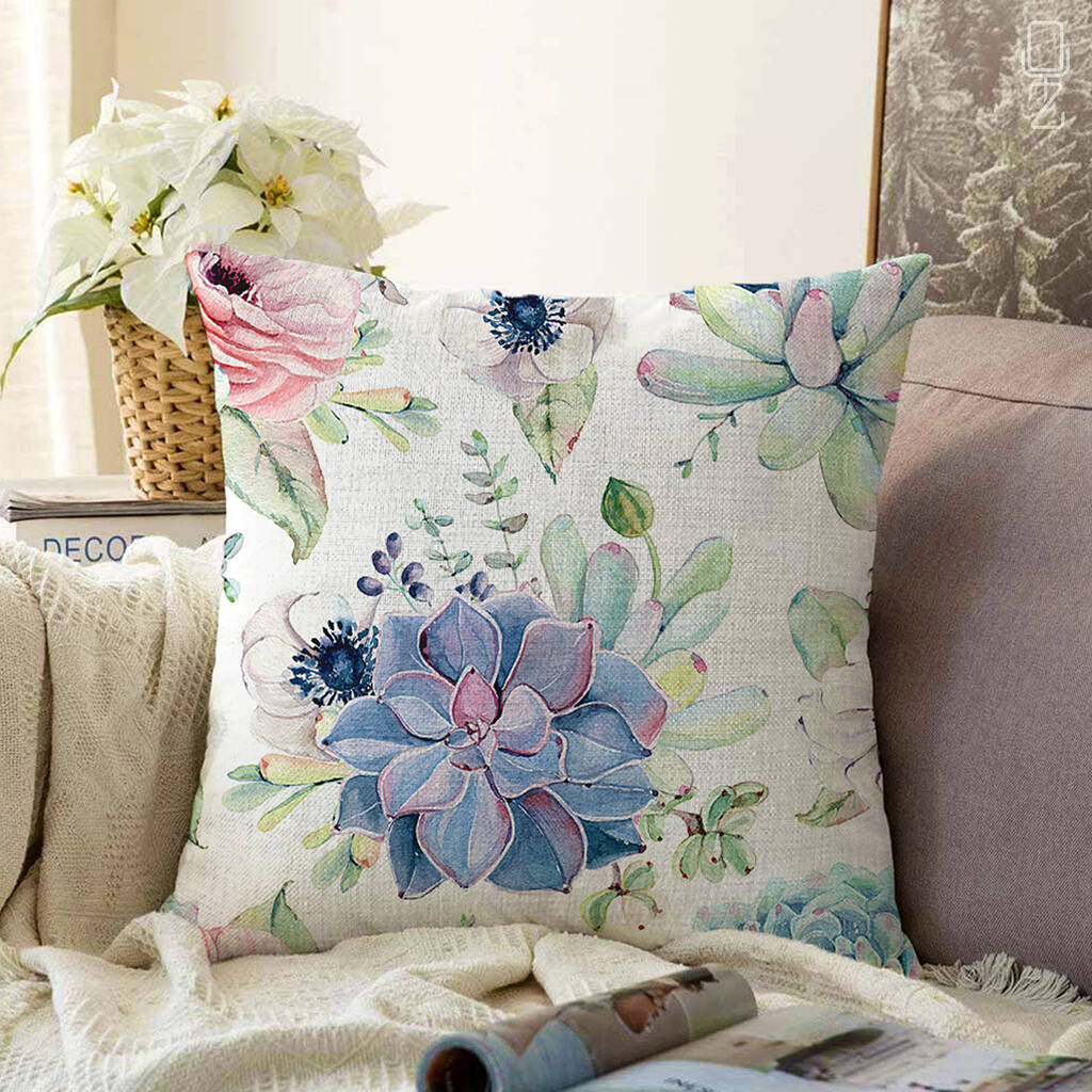 Cushion Cover With Blue Floral Designs 55x55cm, 1 of 4