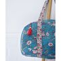 Block Printed Inky Blue And Pink Floral Stripe Quilted Duffle Bag, thumbnail 3 of 7
