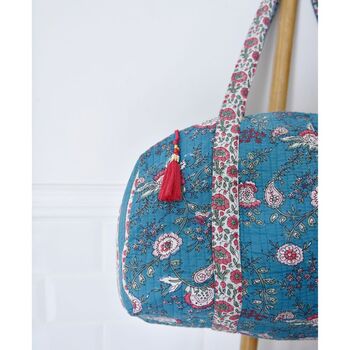 Block Printed Inky Blue And Pink Floral Stripe Quilted Duffle Bag, 3 of 7