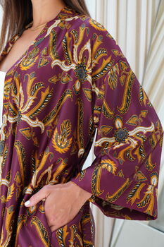 Maroon Unisex Batik Silk Blend Kimono Robe Jacket, 6 of 7
