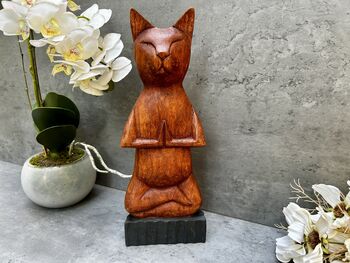 32cm Handcarved Lotus Yoga Cat Wooden Ornament Decor, 10 of 12