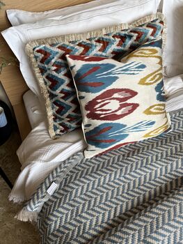 Modern, Oblong, Velvet, Ikat, Cushion With Silk Tassels Brown, Blue, Cream Herringbone Pattern Design, 8 of 10