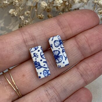 Minimalist Blue Floral Ceramic Bar Stud Earrings, Dainty Rectangular Studs, 3 of 11