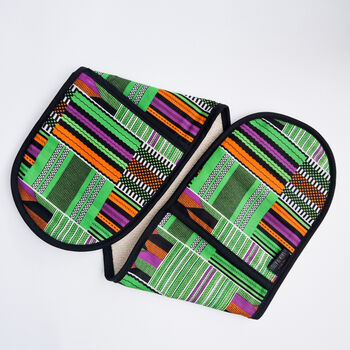 African Print Oven Gloves | Green Kente Kofi Print, 4 of 4