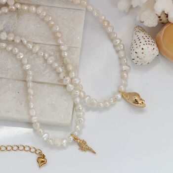 Pearl Choker Necklace With Gold Plated Seashell Charms, 8 of 12