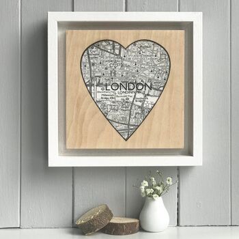 Personalised White Heart Shaped Map Print On Wood, 4 of 8