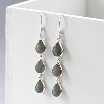 Sterling Silver Triple Labradorite Dangly Teardrops, 2 of 4