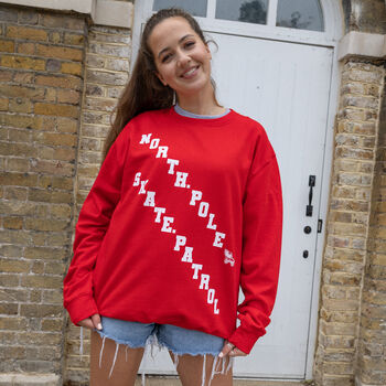 North Pole Skate Patrol Women's Christmas Jumper In Red, 3 of 4