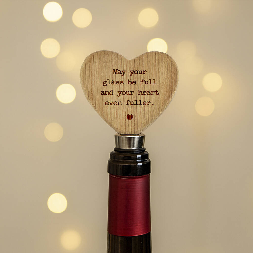 Heart Shaped Oak Bottle Stopper | 'May Your Glass Be Full And..' | Wine Bottle Stopper | Festive Drink Accessory | Christmas Bar Accessory, 1 of 2