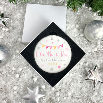 My First Christmas Baby Girl Garland Ceramic Disc Hanging Decoration Bauble + Gift Box, 2 of 6
