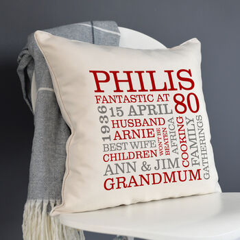 Personalised 80th Birthday Word Art Cushion, 4 of 8