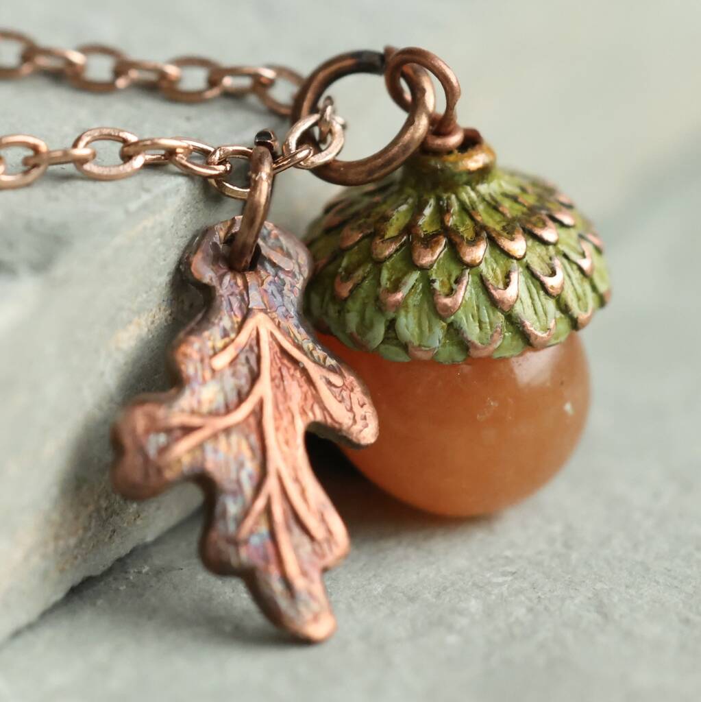Amber Orange Small Moss Acorn Necklace, 1 of 12