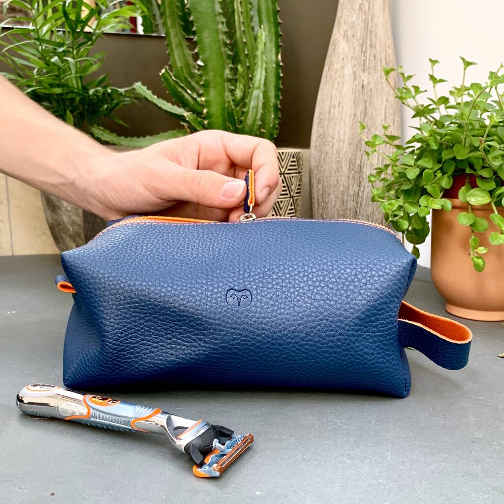 Personalised Navy And Orange Men's Wash Bag By The Alphabet Gift Shop