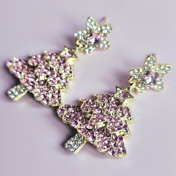 Pink Rhinestone Christmas Tree Statement Earrings, 3 of 4