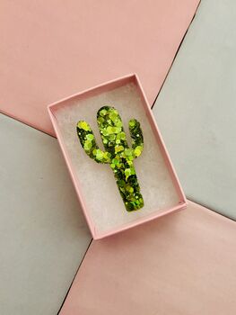 The 'Desert Sparkle' Cactus Glitter Brooch / Botanical Gift For Her /Green Succulent Brooch / Birthday Gift For Plant Lovers, 5 of 6