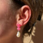 Double Disc Pink Pearl Drop Stud Earrings, thumbnail 1 of 3