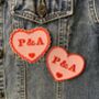 Personalised Pink And Red Valentines Couples Initials Embroidered Heart Iron On Fabric Patch, thumbnail 1 of 6