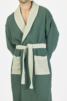 Dark Green Two Tone Unisex Waffle Bathrobe, 5 of 6