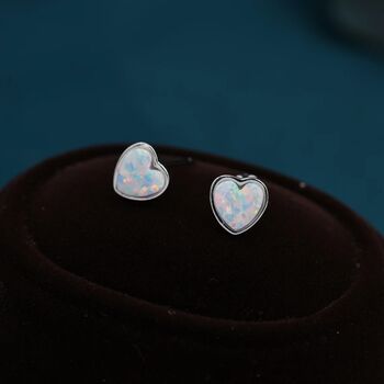 White Opal Heart Stud Earrings In Sterling Silver, 2 of 11