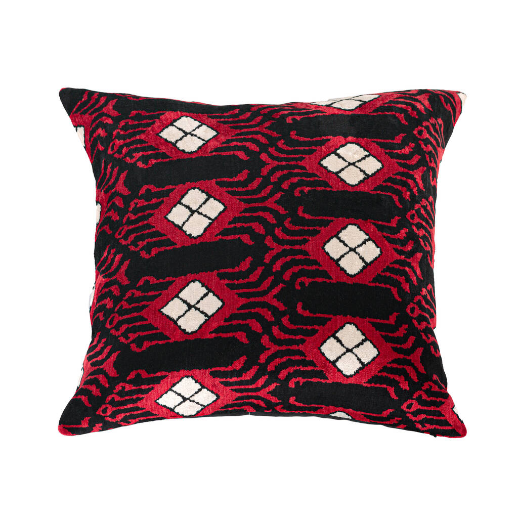 Black And Red Ikat Silk Velvet Cushion Cover 50x50cm By