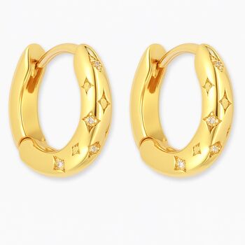 Cute Woman's Gold Glittering Cosmic Star Hoop Earrings Set Of Two, 3 of 6
