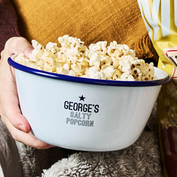 Personalised Enamel Popcorn Bowl And Giant Sweet Or Salted Popcorn Gift Set For Him, 5 of 6