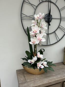 Large Pink Cymbidium Orchid In Gold Bowl, 8 of 8