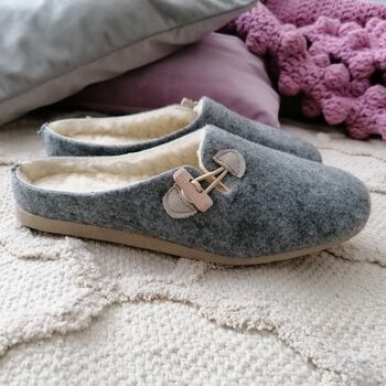 Grey Felt Mule Slippers With Cream Leather Details, 3 of 9
