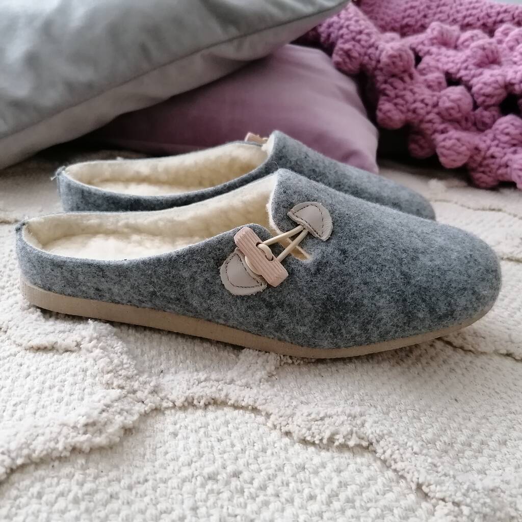 Grey Felt Mule Slippers With Cream Leather Details, 1 of 7