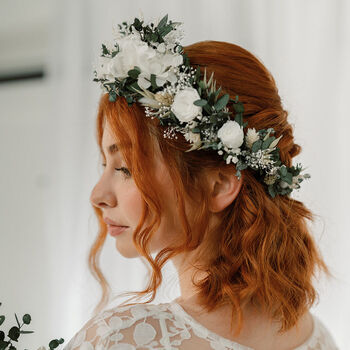 Grace Dried Flower Crown White And Green Preserved Wedding Halo, 3 of 5