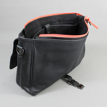 Black Leather Laptop Messenger Bag With Orange Zip, 8 of 8