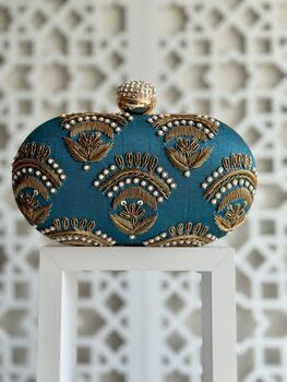 Valeria Teal Embroidered Embellished Oval Clutch Bag, 6 of 8