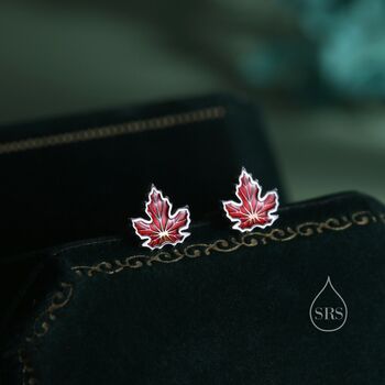 Enamel Maple Leaf Stud Earrings In Sterling Silver, 7 of 11