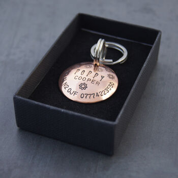 Dog ID Tag. Personalised Domed Copper Disc With Flowers, 6 of 10