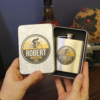 Personalised Road Bike Tin Hip Flask With Matching Tin, 3 of 5