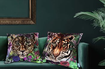 Totem Leopard And Tropical Flowers Luxury Velvet Cushion, 2 of 6