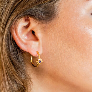 Guiding North Star Birthstone Gold Plated Hoop Earrings Emerald, Sapphire Or Rhodolite, 5 of 10