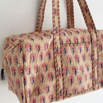 Block Print Flower Cotton Weekend Duffle Bag, 7 of 8