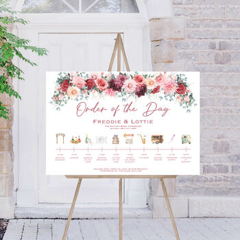 Wedding Order Of The Day Sign Burgundy Red Pink Flowers, 2 of 10