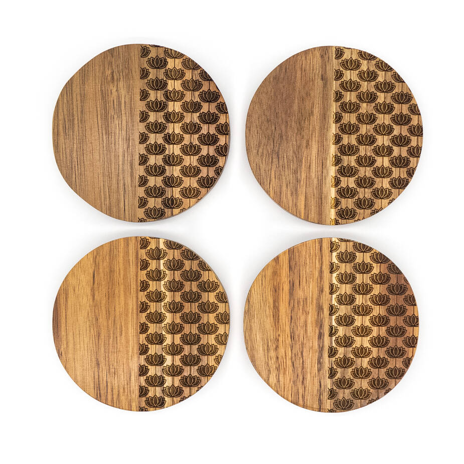 Lotus Rectangle Wood Placemats With Wood Coasters By NIHAL SHAH