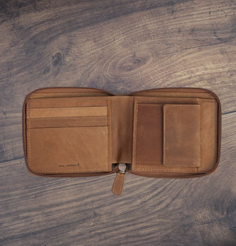 Men's Zip Around Cognac Leather Wallet Soft Leather Rfid Protected, 5 of 7
