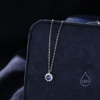 Sapphire Blue Cz Halo Flower Pendant Necklace, 2 of 12